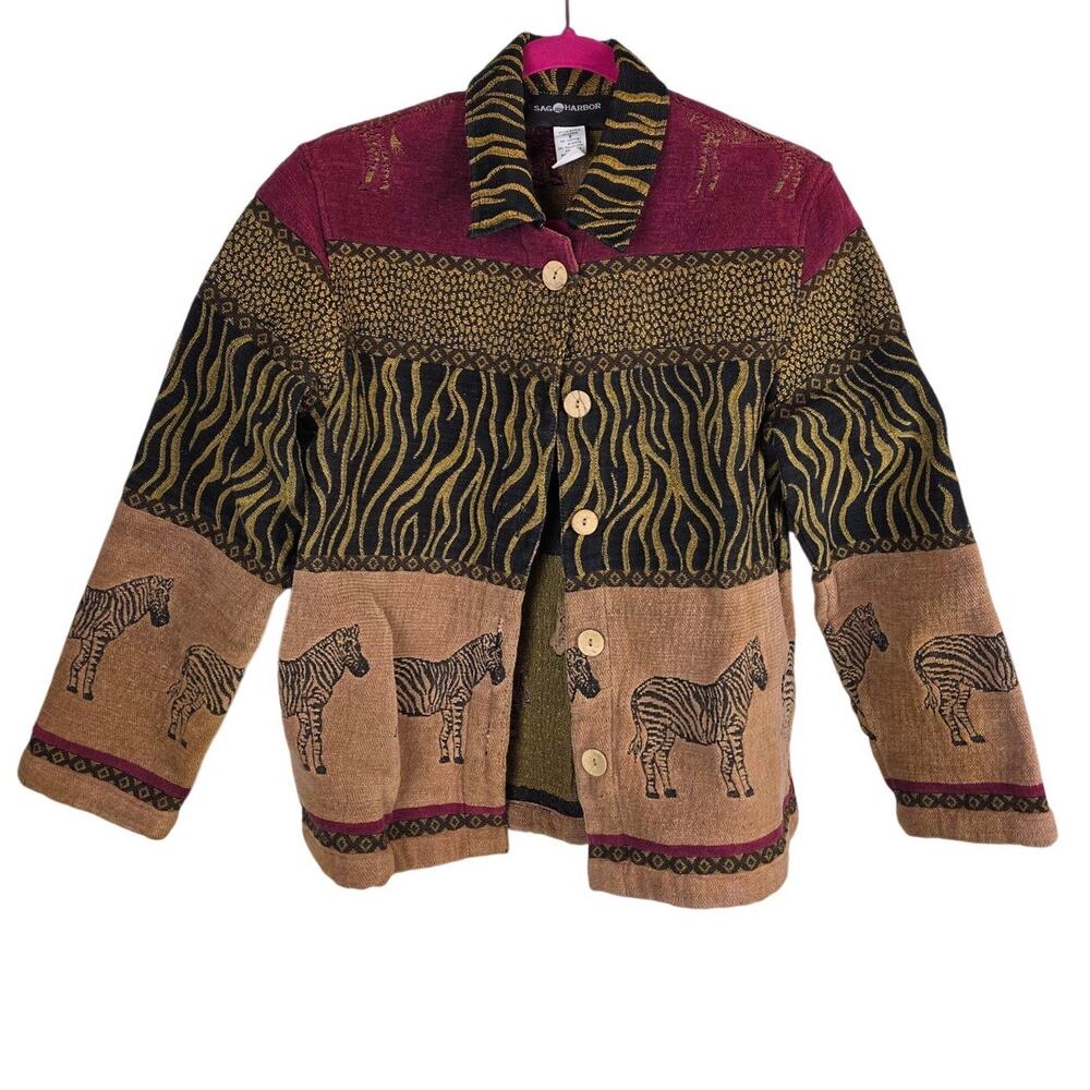 Sag Harbor Vintage Tapestry Jacket Sz 8 Horse Animal Print Boho Woven Blazer EUC